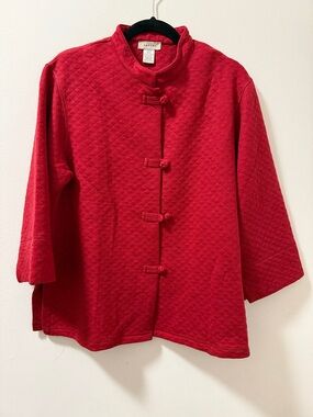 Natori Quilted Red Beijing Jacket with Mandarin Collar & Frog Button Closures.